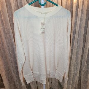 Hem & Thread Cream Crew Neck Waffle Knit Sweater Boutique